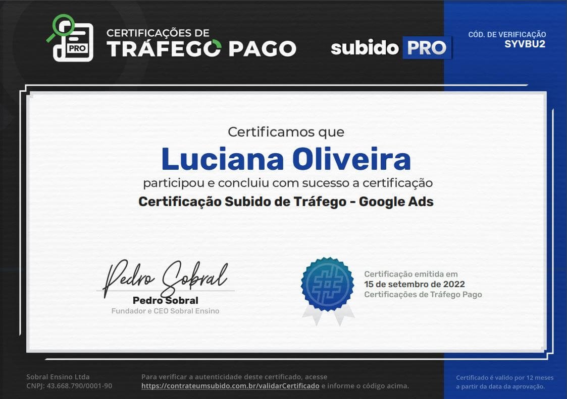 Certificado Google Ads de Luciana Oliveira