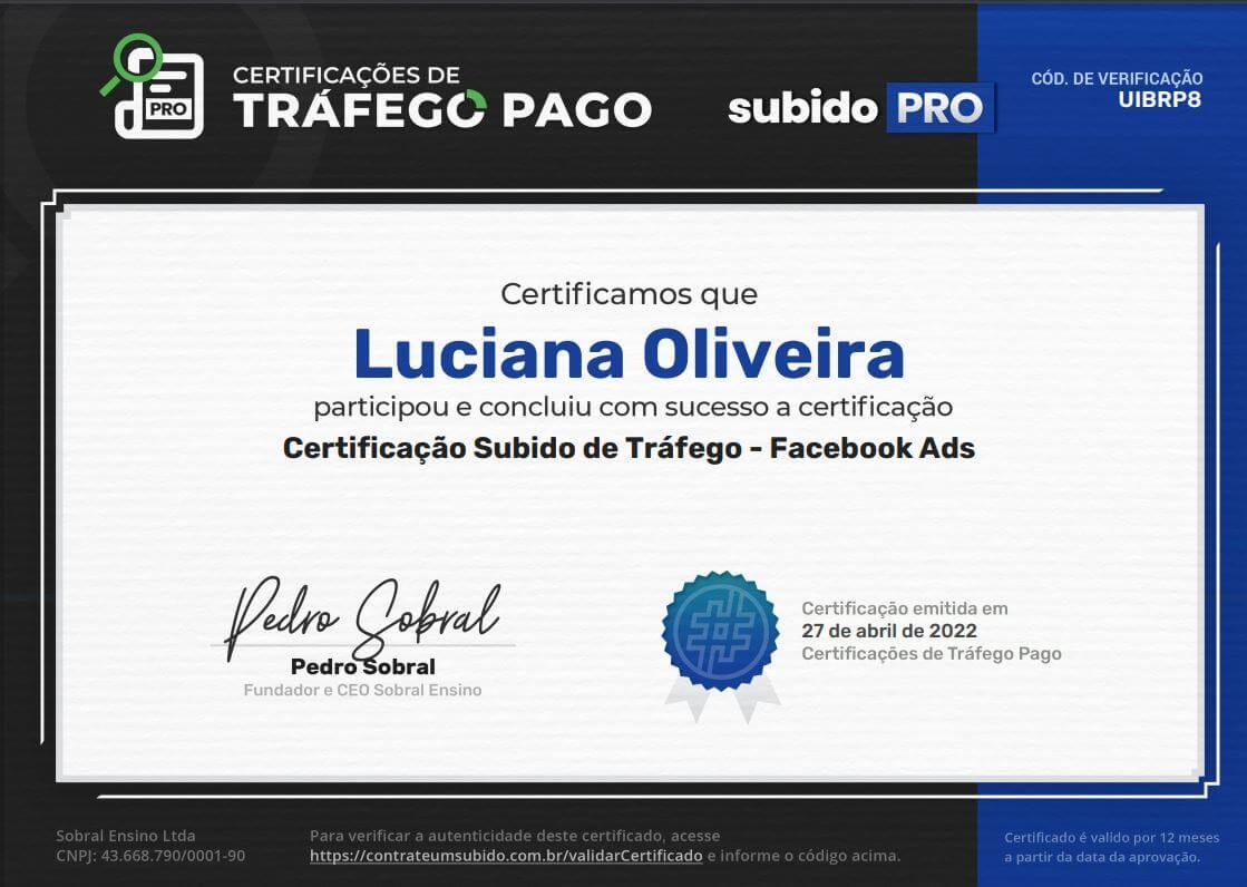 Certificado Meta Ads de Luciana Oliveira